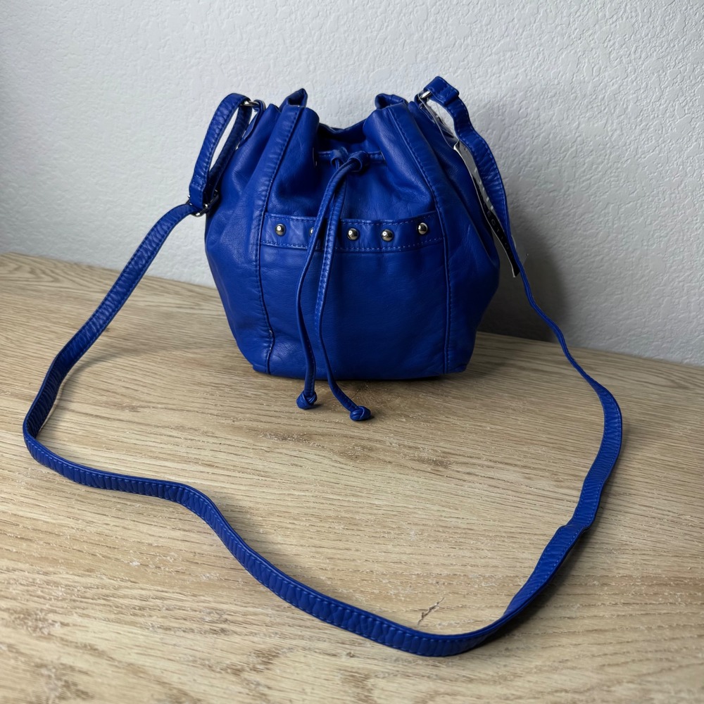 Bueno Royal Blue Faux Leather Drawstring Bucket Bag Silver Studded Crossbody NWT